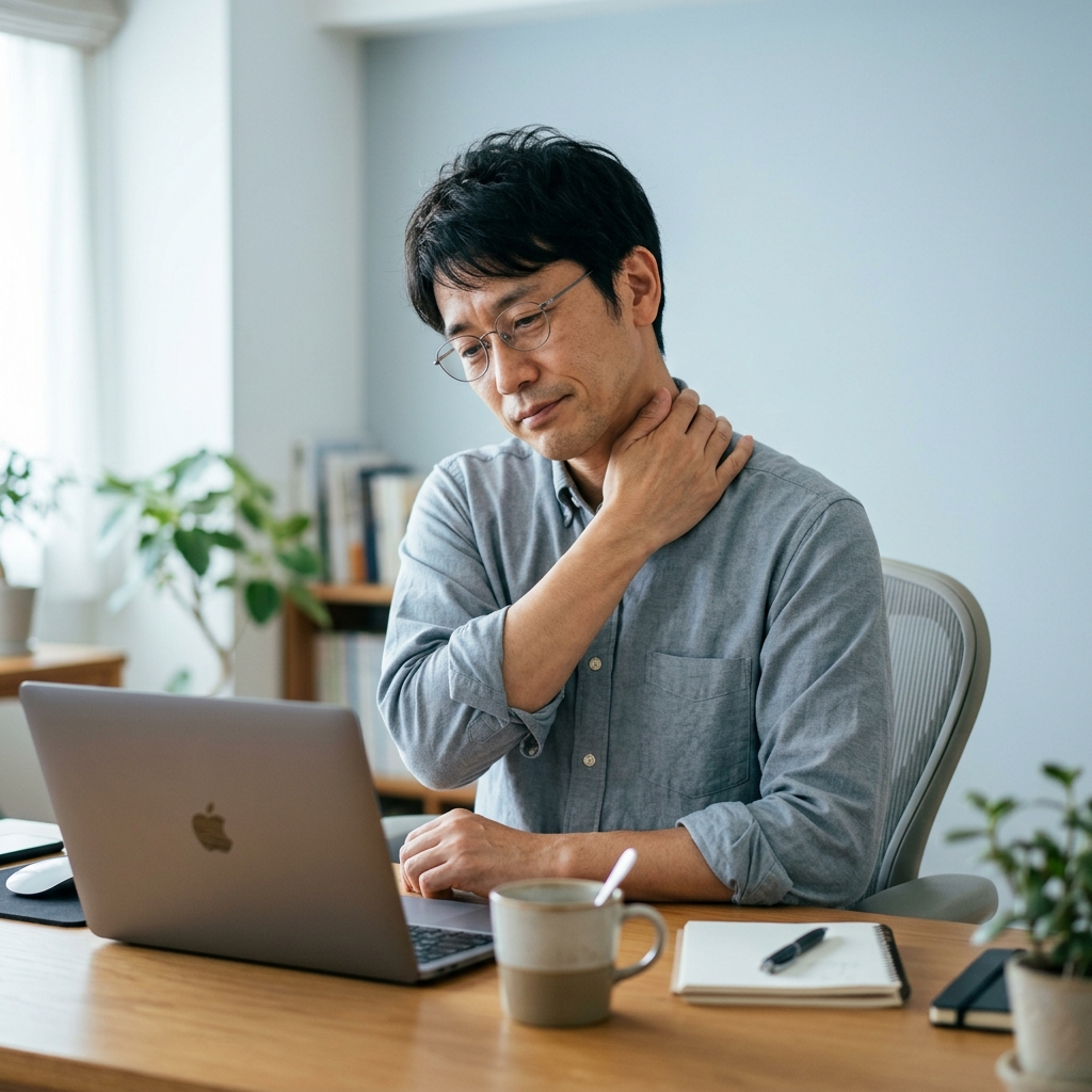 肩や首のつらさに悩む男性